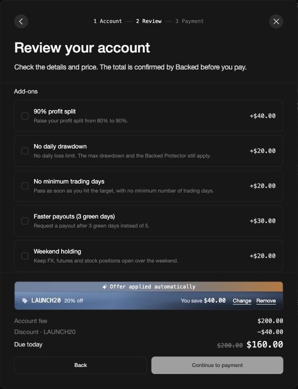 Review step with add-ons and discount